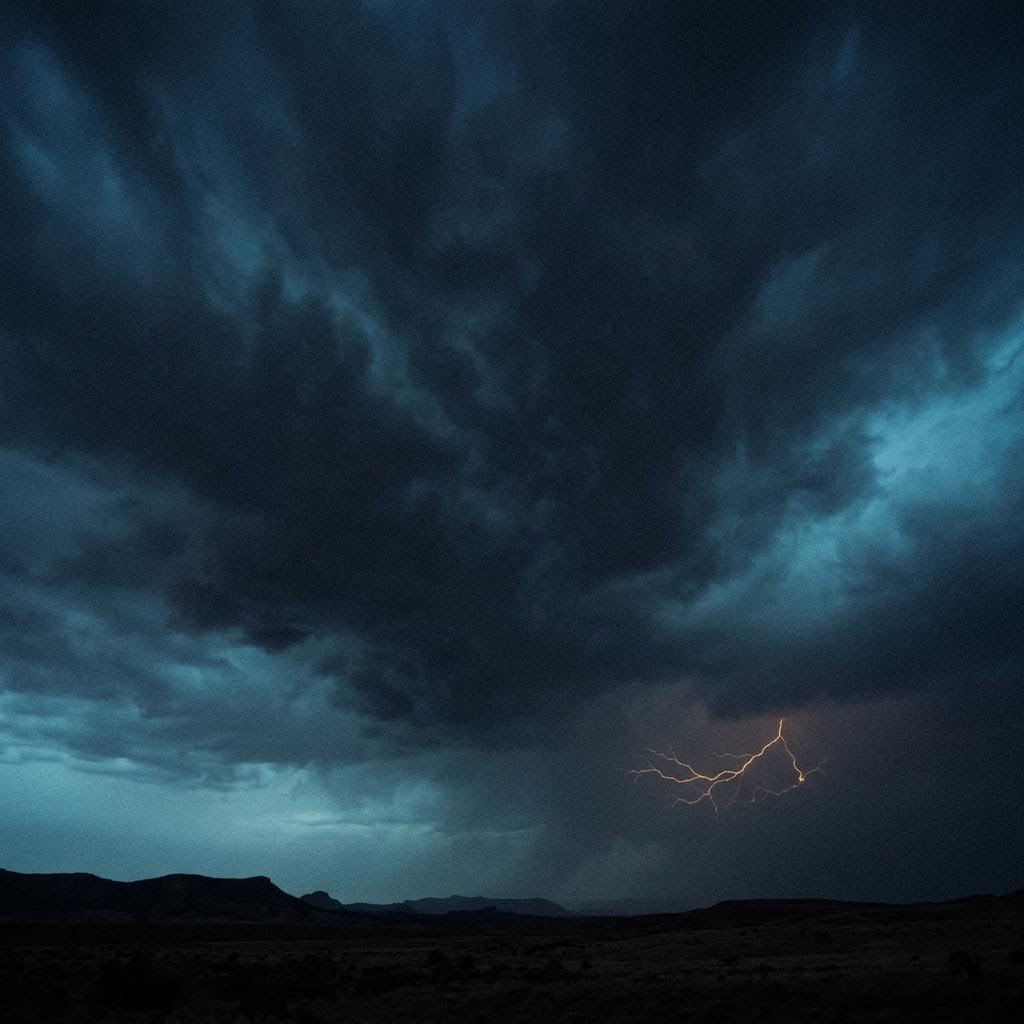 Night storm sky with a distant amber lightning filament